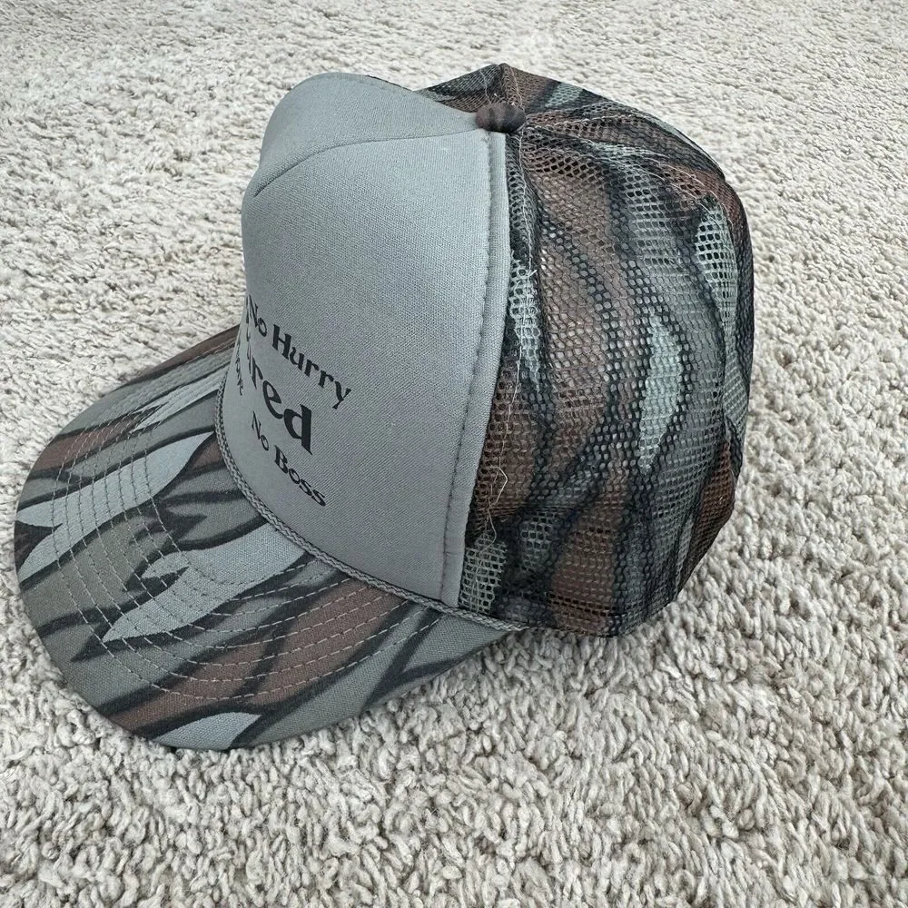 Retired Hat Camo Trucker Snapback No Worry Hurry‎ Phone Boss Vtg Foam Mesh Cap